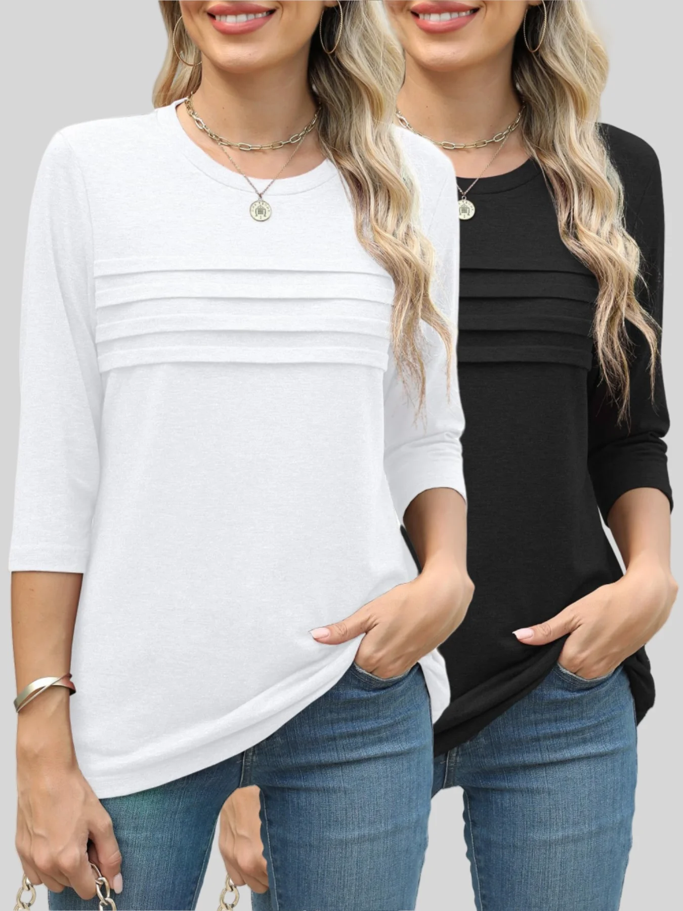 Dwuczęściowy zestaw wygodnych, modnych i uniwersalnych damskich koszulek z rękawami do połowy ramienia, idealnych do dojazdów do pracy.