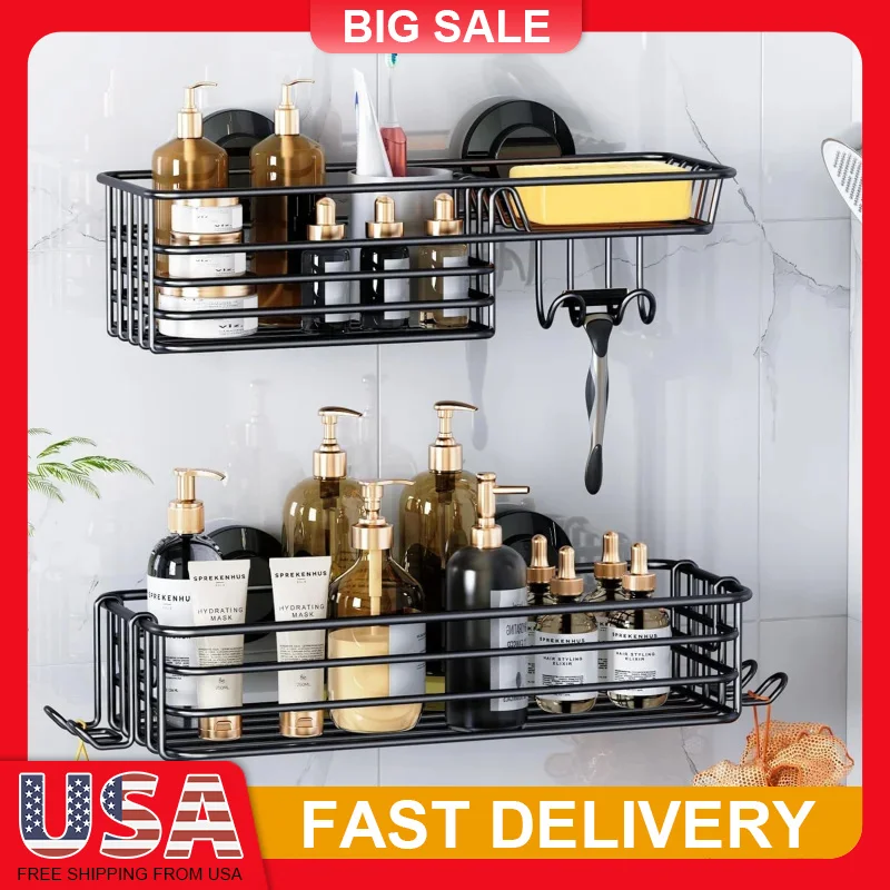 

2 упаковки на присоске для душа, нержавеющая полка для ванной комнаты из нержавеющей стали с крючками, держатель для мыла, органайзер для хранения без дрели