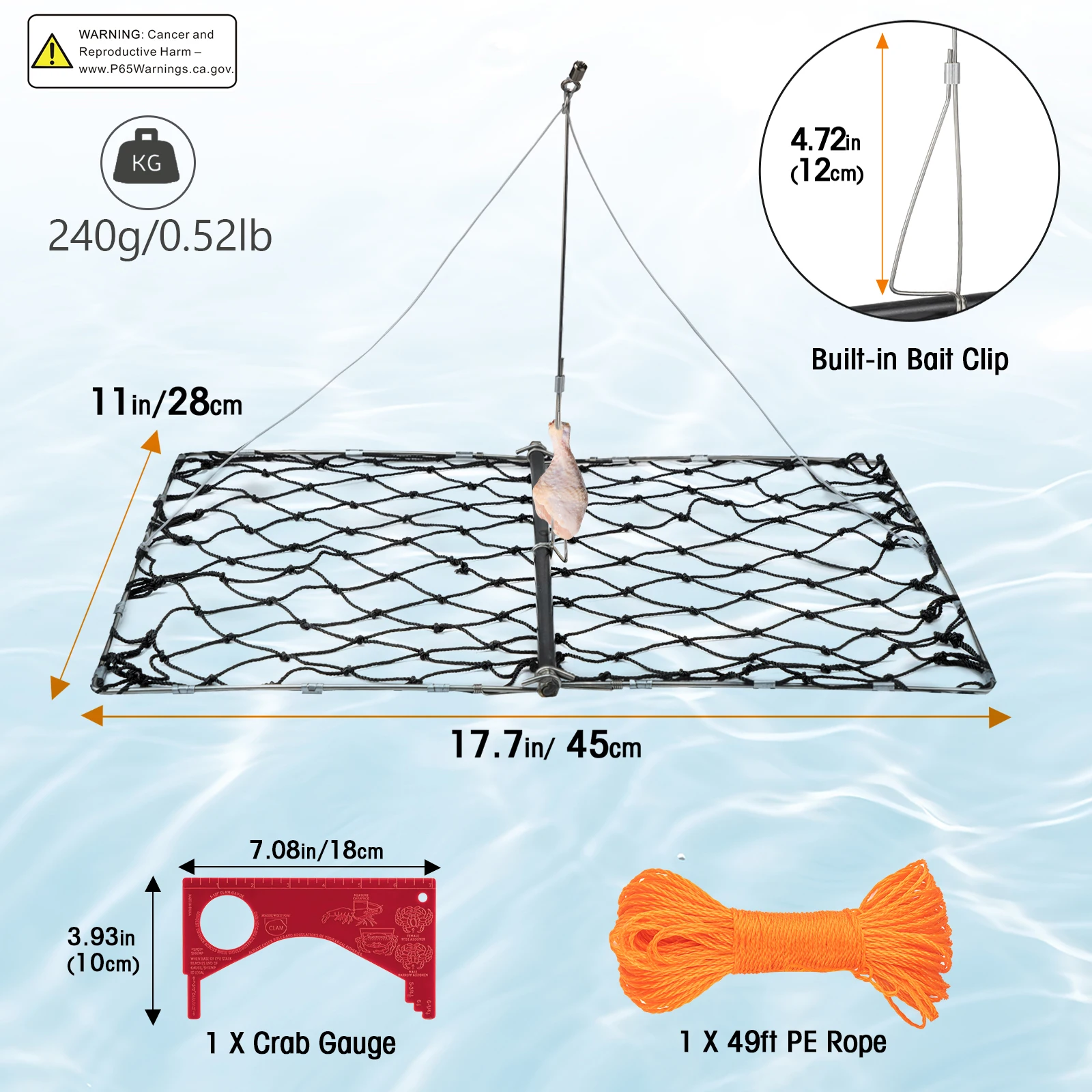 Qualy Foldable Crab Trap Catcher Castable Stainless Steel Bait Cage Nylon Fishing Nets With Rope Bait Clip Lobster Shrimp Crabs