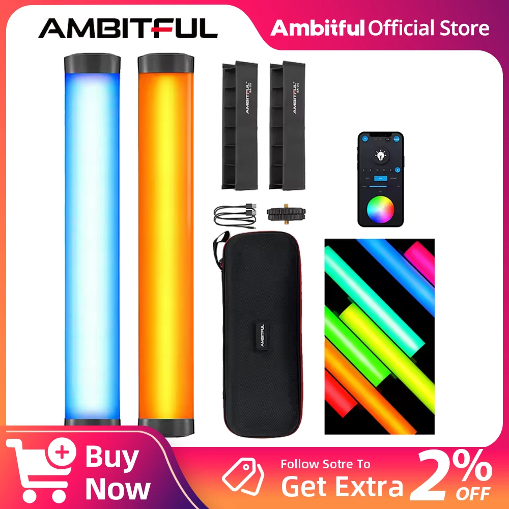 

AMBITFUL A2 RGB LED Tube Light Kit w/Magnetic Base Honeycomb Grid, 2 Lights Photography Video Lighting