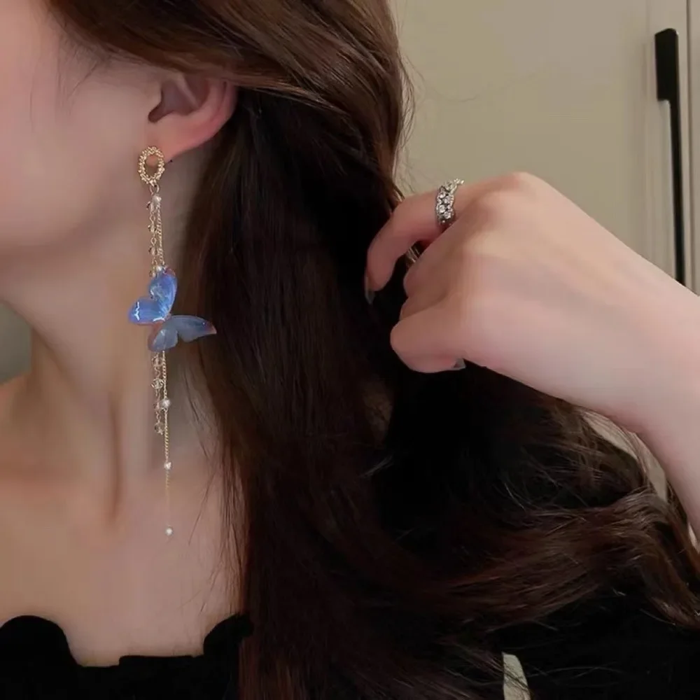 Personality Fashion Blue Butterfly Crystal Long Tassel Drop Dangle Earrings for Women Luxury Korea Earring Party Jewelry Gift