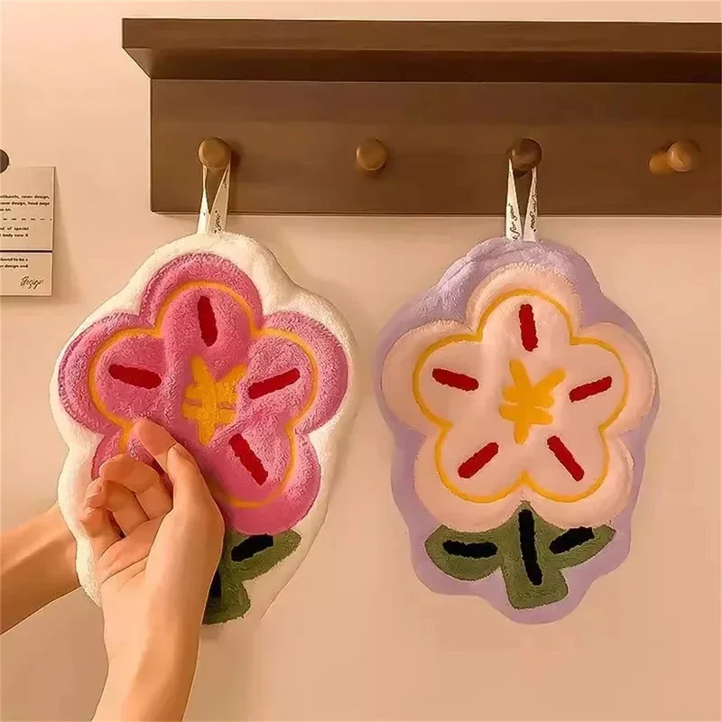 Kids Coral Fleece Hand Towel Cute Cartoon Floral Print Thick Hanging Soft Absorbent Towel for Children Home Bathroom