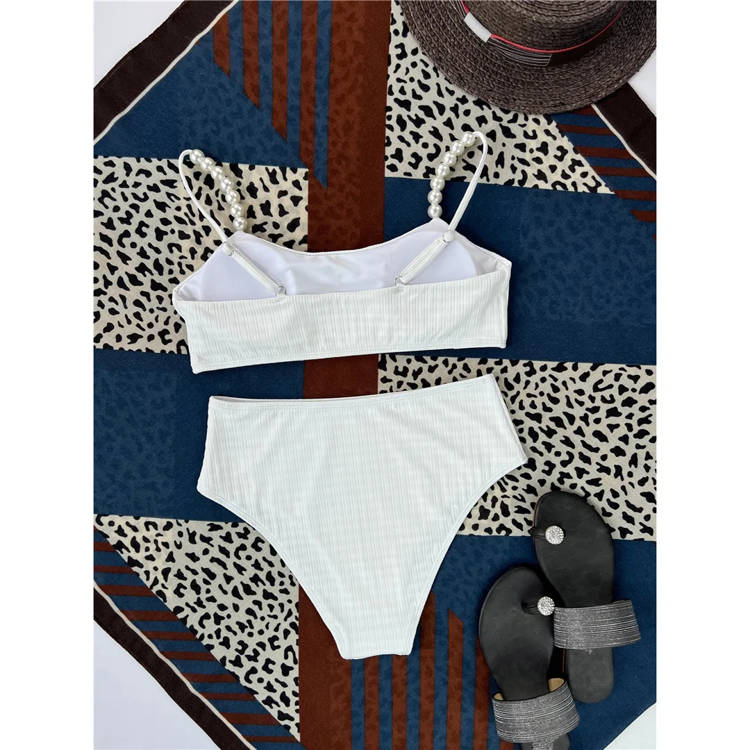 Perlen-Bikini mit geripptem, hoch geschnittenem Bund, Damen-Badeanzug, zweiteiliges Bikini-Set, gepolsterter Badeanzug, Badebekleidung für Damen, V4352. – Detail 10