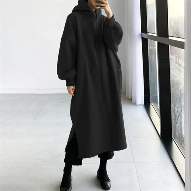 Autumn Winter Long Sweatshirt Women Double Pockets Hooded Hoodie Female Comfortable Casual Thickened Warm Solid Color Outerwear