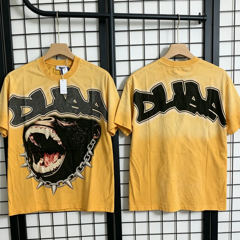 Vintage Washed Yellow Short Sleeve DUAA Tshirt Hotfix Rhinestone Chain Gorilla Canine Teeth Round Neck Tops Men Women Streetwear