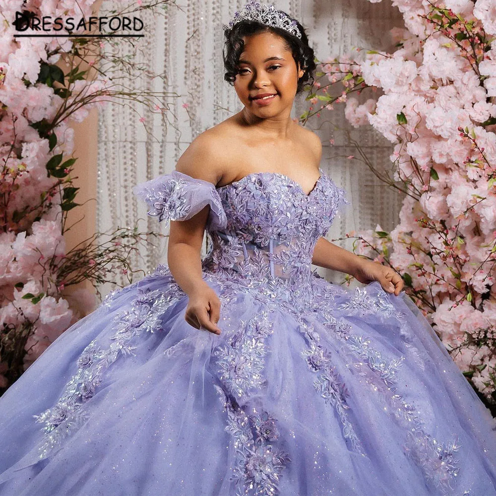 Vestidos de Quinceañera de lentejuelas lilas para 15 años 2023, vestido de baile Sexy con cuello en V y hombros descubiertos, Vestido largo de fiesta para niña