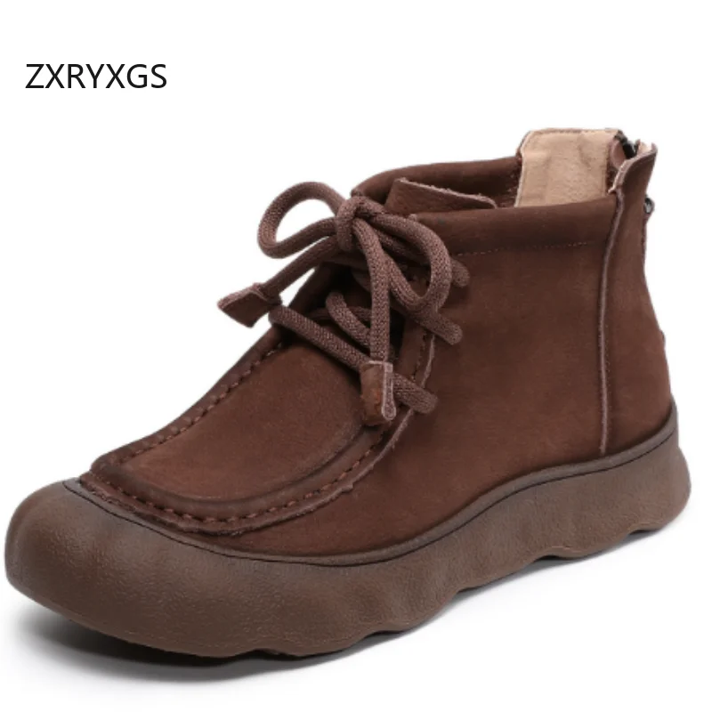 

ZXRYXGS 2025/202 Ботинки премиум-класса из воловьей кожи в стиле ретро, модные повседневные кроссовки, толстая обувь на плоской подошве, женские модные ботинки