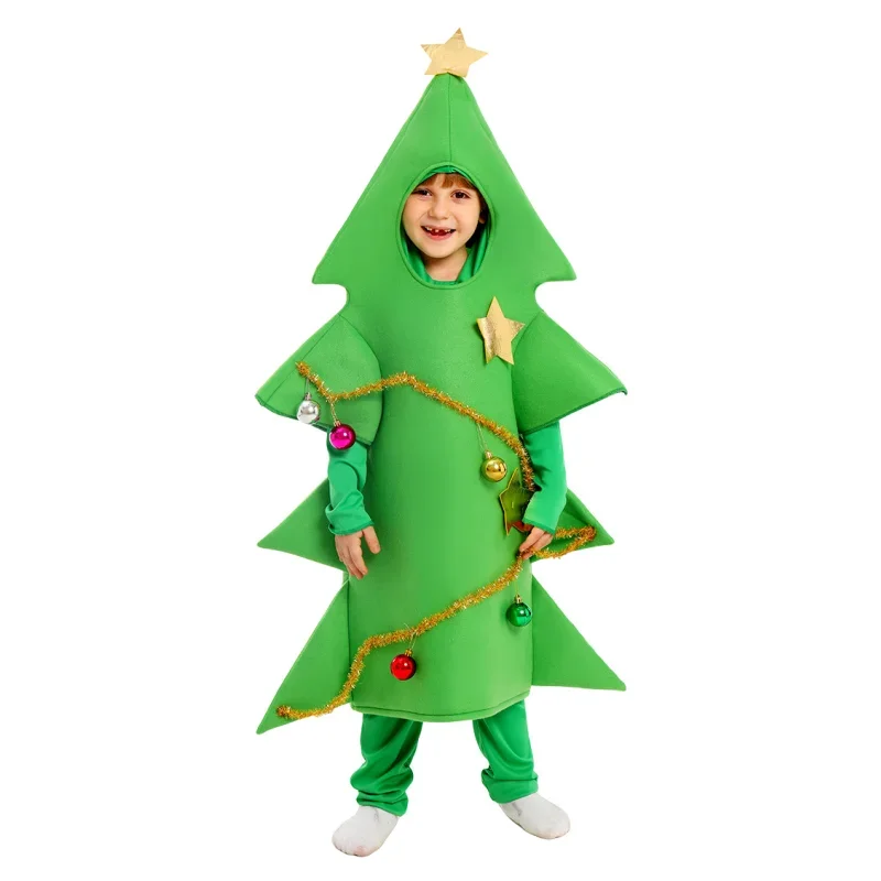 

Детский зеленый костюм рождественской елки, Рождественский комбинезон для косплея, плащ с капюшоном, накидка, детский забавный наряд унисекс, костюм на Рождество и Хэллоуин