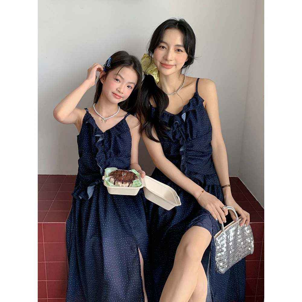 2026 Summer Family Matching Outfits Navy Blue Polka Dot Cami Midi Dress & T-Shirt Set For Mom Dad Kids Beach Vacation Wear 4