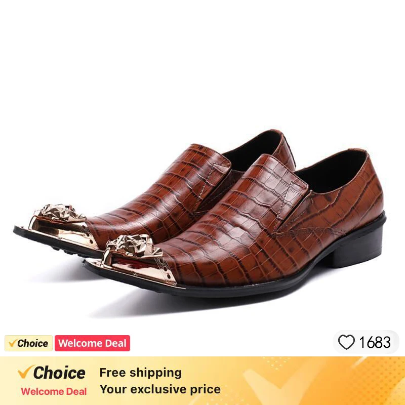 

Fashion Italian Plus Size Men Dress Shoes Retro Genuine Leather Crocodile Grain Party Wedding Slippers Shoes Men