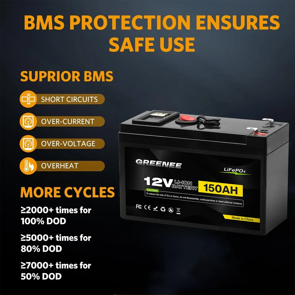 12V 150Ah Lithium LiFePO4 Deep Cycle Battery, 4000+ Cycles