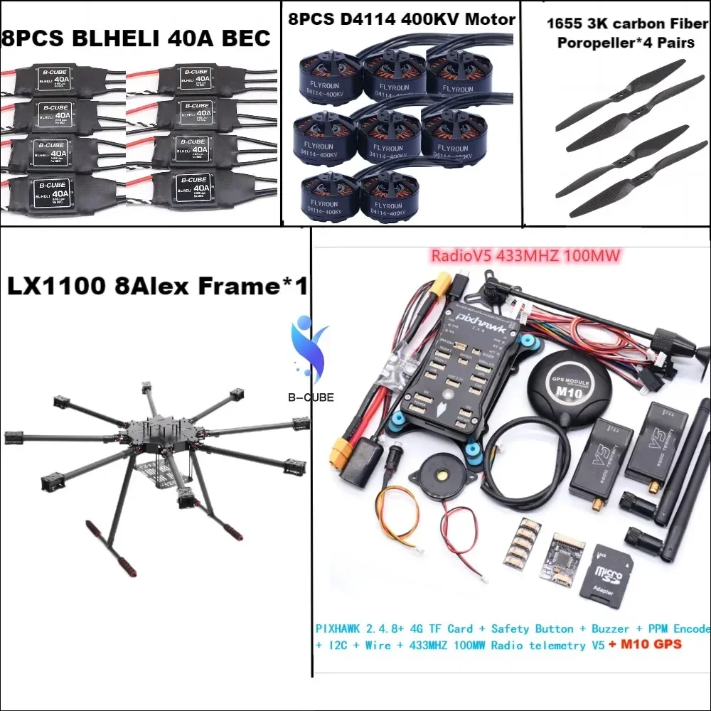 

B-CUBE LX1100 Full Carbon Fiber 1100mm Octa-Rotor Frame BLHELI 40A ESC PX4 Pixhawk 2.4.8 M10 Flight Control Set D4114 Motor RC