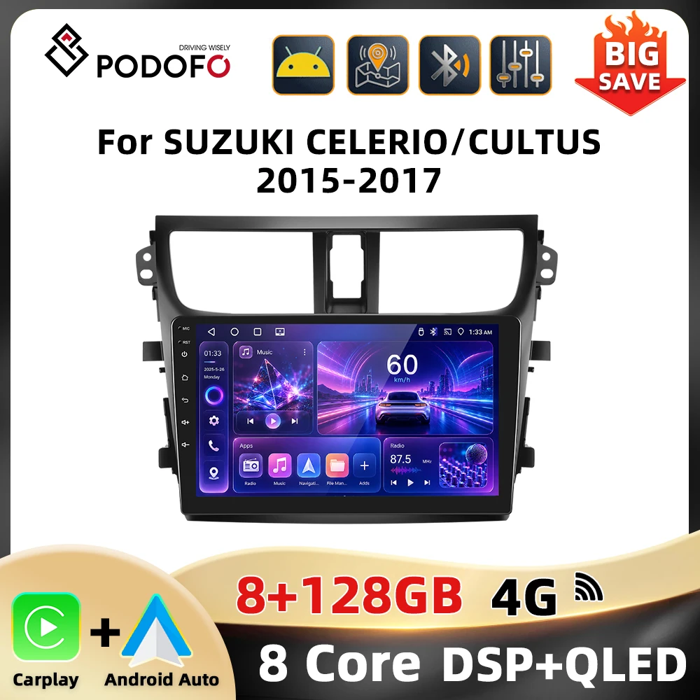 Autoradio Podofo 8+128G 4G pour SUZUKI CELERIO/CULTUS 2015-2017, CarPlay sans fil, Android Auto, WIFI 4G, AM FM RDS GPS DAB, Mirror Link, Lecteur multimédia automobile