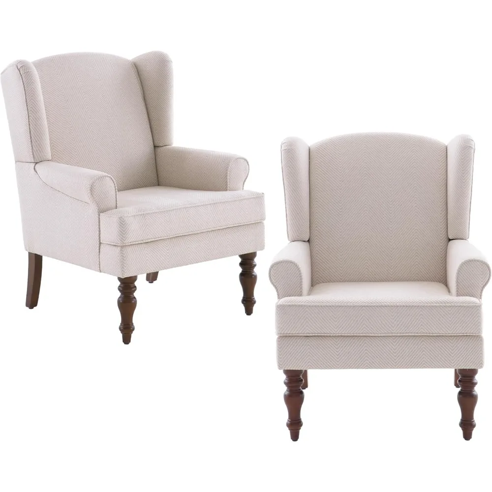 Living Room Chair Set of 2, Upholstered High-Back Armchair with Retro Print, Linen Wingback Chair for Bedroom & Study