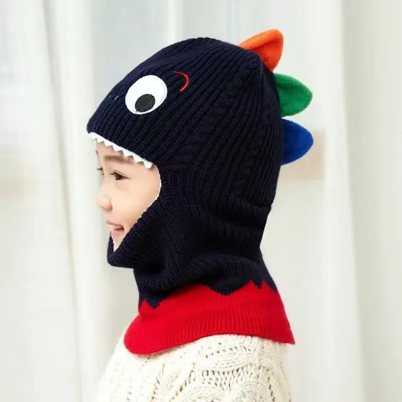 Cartoon Dinosaur Warm Baby Hat for Boys Girls Plus Velvet Baby Head Cover Autumn Winter Kids Beanies Plush Children Hooded Cap