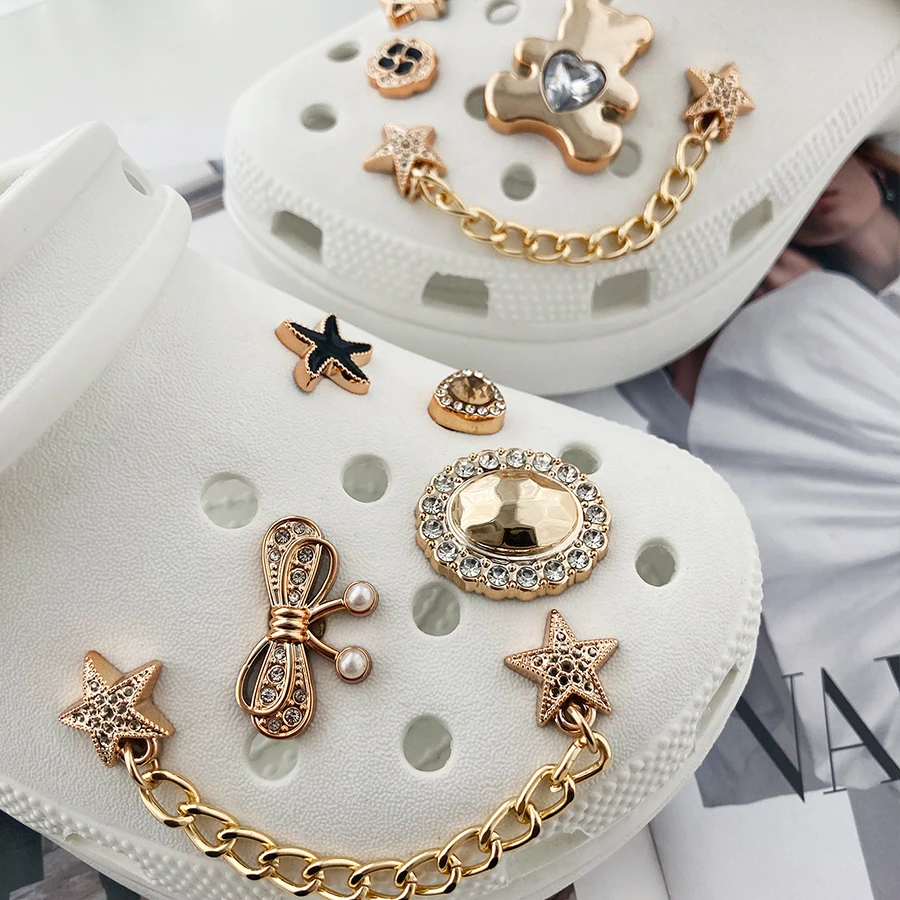 10pcs Sparkling Luxury ABS Dismond Bear Star Chain Charms Detachable Shoe Decorations Suitable For Crocs Clogs Party Gift Idea
