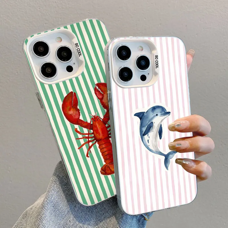 Colorful Marine Organism Striped Base Color Laser Phone Case For iPhone 17 16 15 14 Pro Max Plus 13 12 11 Pro Max Back Covers
