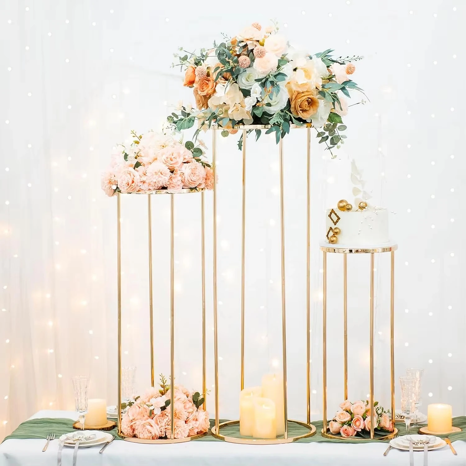 Gold Metal Flower Stand for Wedding Tables - Floor Standing Vase Stand for Leading High Column Tabletop Centerpiece Decoration