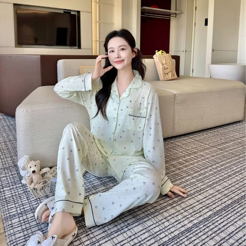 Long-Sleeved Pyjamas Set for Women, Lapel Neck, Buttoned Cloth, Casual Sleepwear, Spring and Fall Cardigan, Homewear with Button