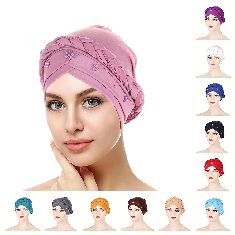 Beads Decor Braided Turban Cap Solid Color Elastic Hijab Hat Lightweight Head Wraps Women Chemo Cap Bonnet