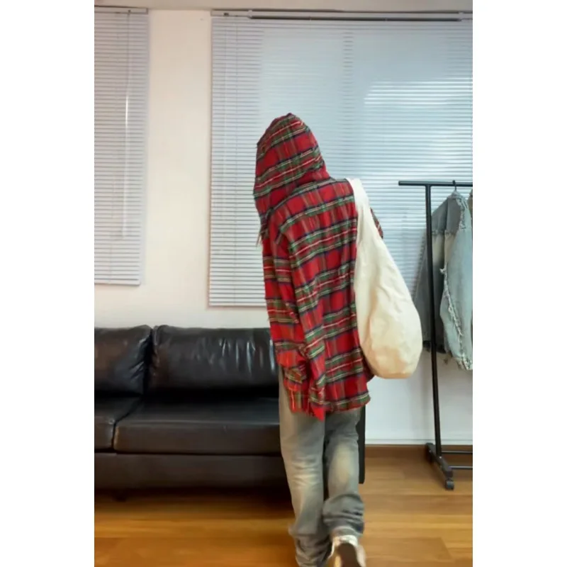 Red Checkered Shirt American Retro Christmas Loose Fit Distressed Hooded Long Sleeved Shirt Autumn Winter Versatile Jacket