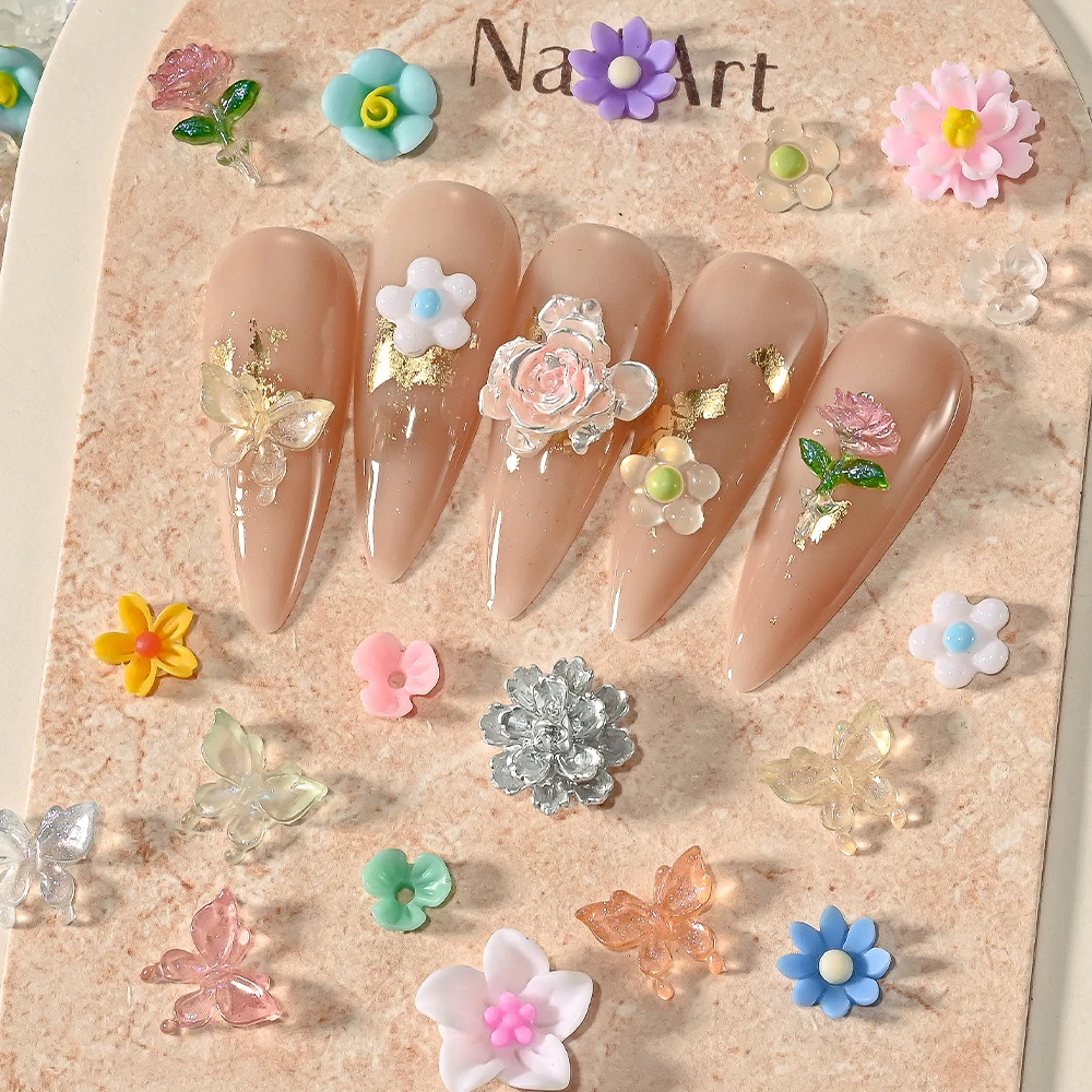 300 個透明光沢のあるローズ蝶 3D ネイルデコレーション混合花カラフルなネイルアートチャームヒラタマニキュアクラフトアクセス