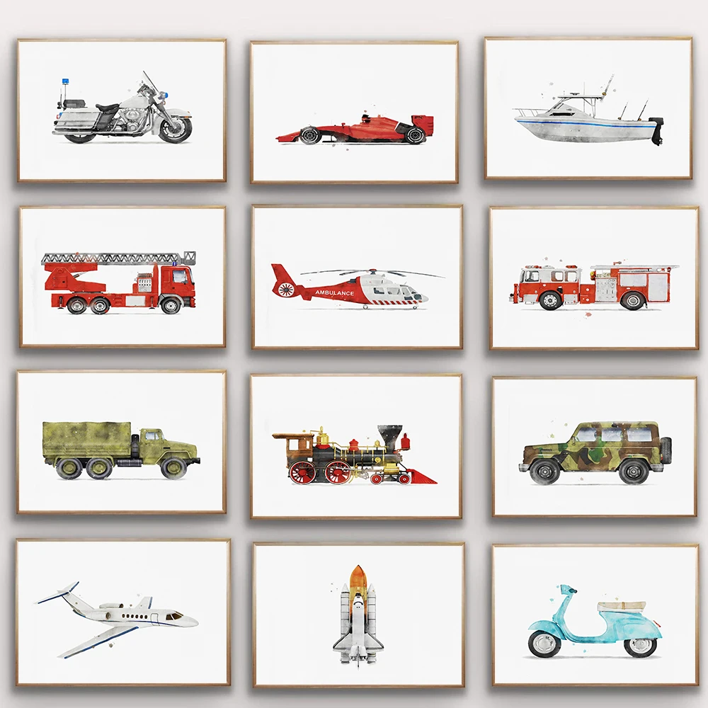 Classic Watercolor Truck Fire Truck Tractor Vehicle Art Posters Prints Canvas Painting Wall Art Picture Living Room Home Decor