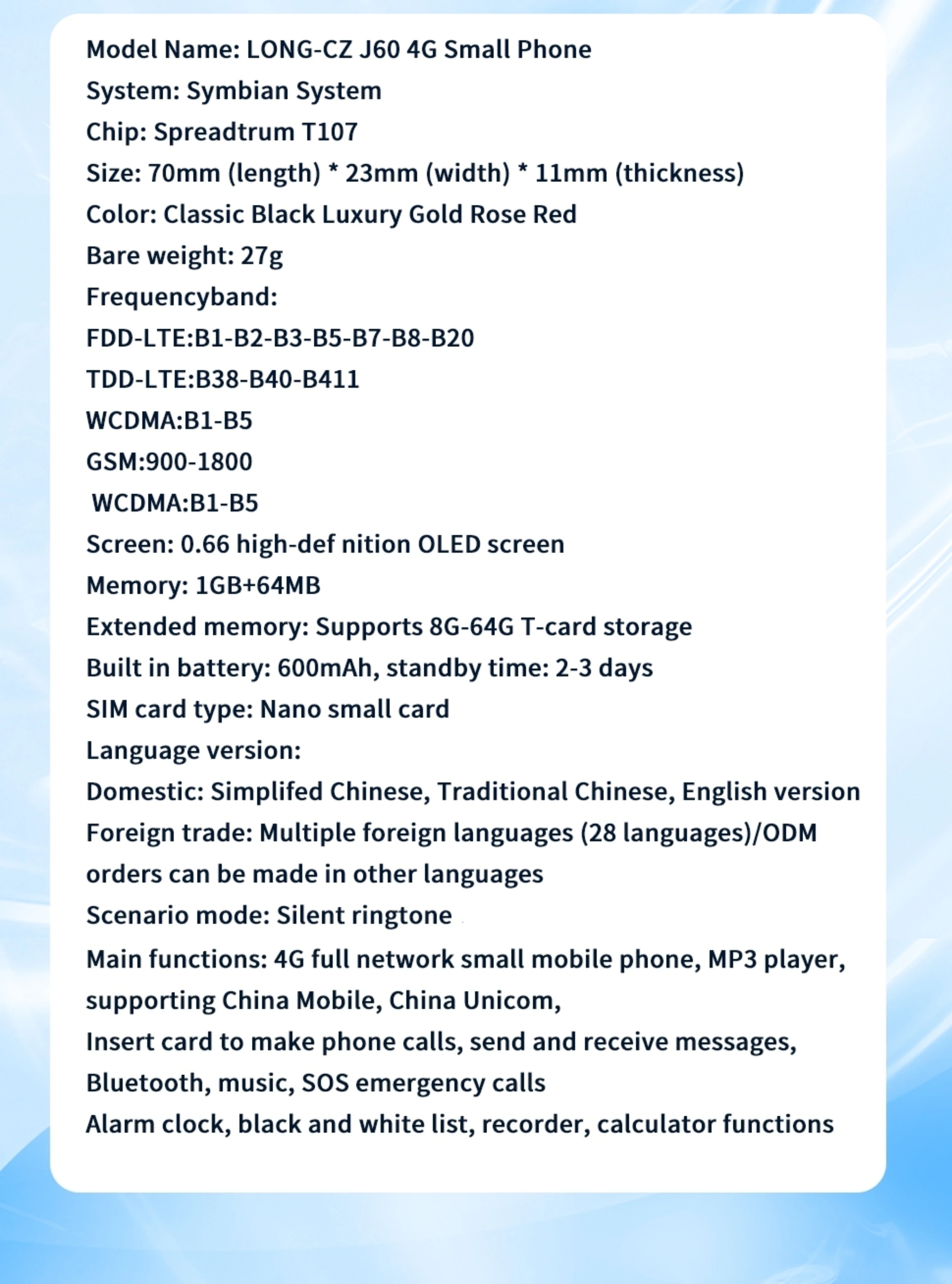 Super Mini Phone J60 4G Network Mobile Phone Wireless Bluetooth Keyboard Pocket Cellphone Alarm Clock SOS MP3 Player Recorder