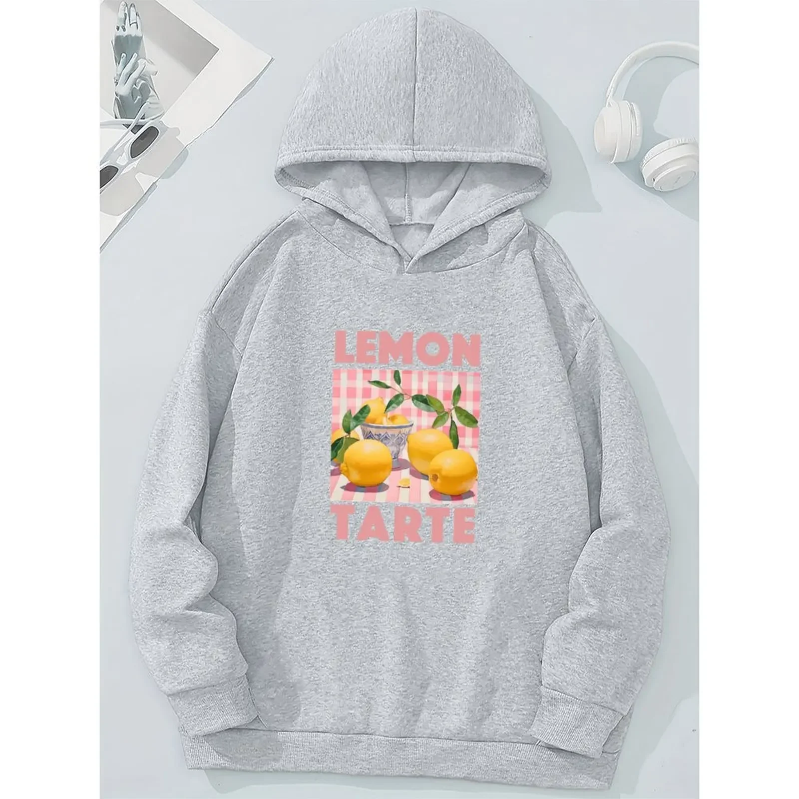여성 긴팔 캐주얼 루즈 편안한 원단 프린트 신선한 과일 패턴 레몬 프린트 풀오버 후드티 가을 여성 의류