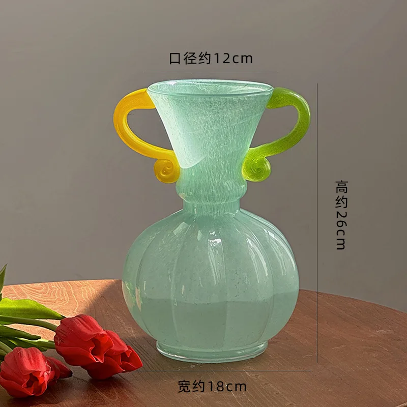 Vase French Retro Light Luxury High Sense of Art Handmade Glass Vase Living Room Decoration High Appearance Level