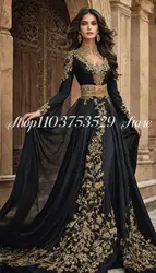 High Neck Middle Eastern Evening Luxury Black Long Sleeve Gold Beaded Applique Lace Up A-Line Custom Dress Formal فساتين سهرات