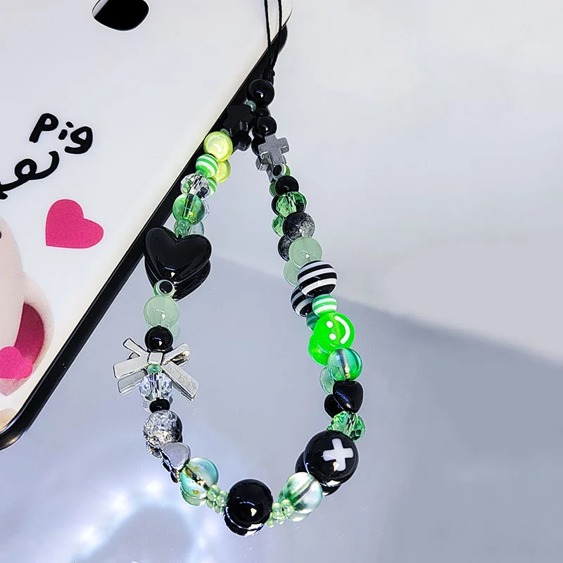 Green Black Mobile Y2k Phone Charm Strap Chain Lanyard Silver Cross Bow Bead Acrylic Heart Women Girl Keychain Fairycore Jewelry