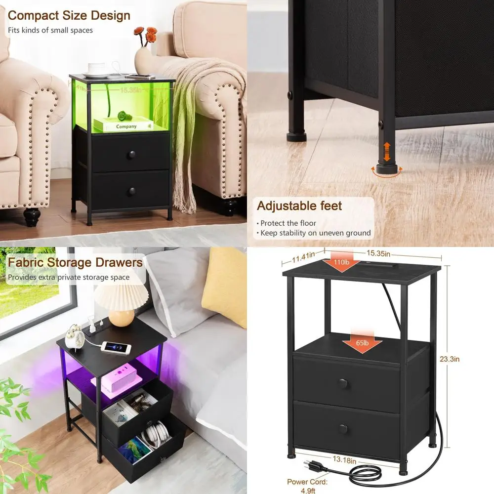 Black LED Nightstand with Charging Port, Storage End Table, Fabric Drawers for Bedroom, Ideal for Small Spaces