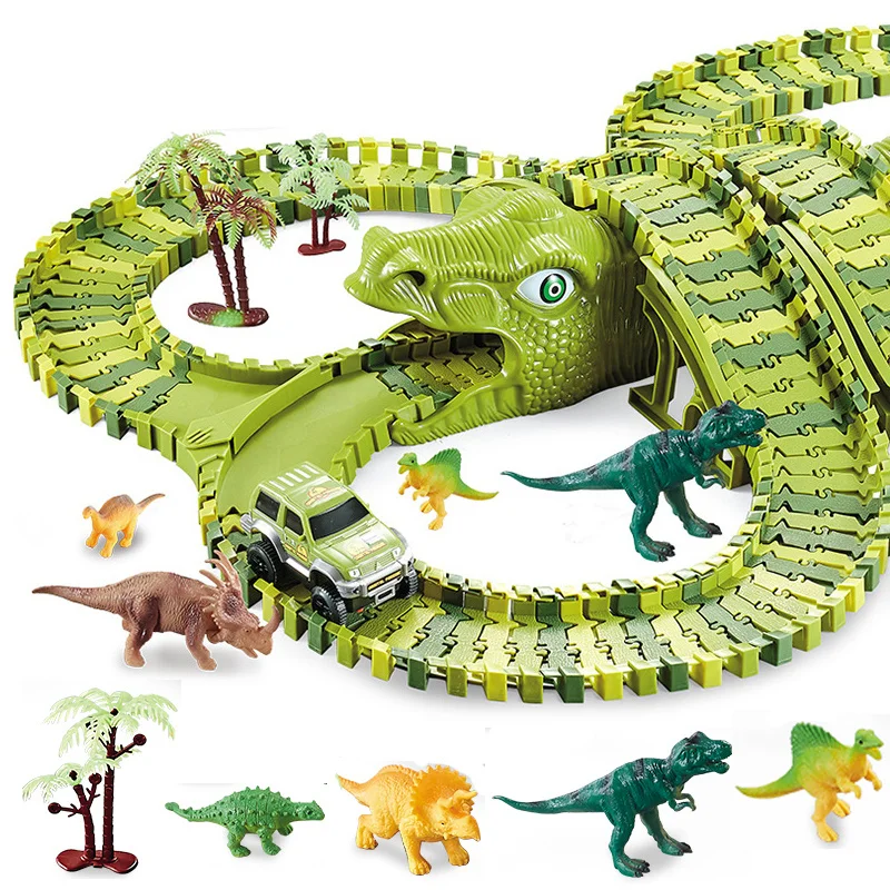 

Dinosaur Railway Racing Tracks Electric Rail Car Toys Assembly Plastic Flexible Racing Bend Race Track Car Toys For Kids Gifts