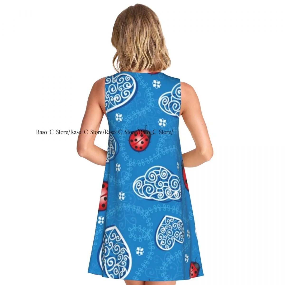 Abito da donna con cuori, coccinella e nuvole, maglietta casual estiva, abito da spiaggia