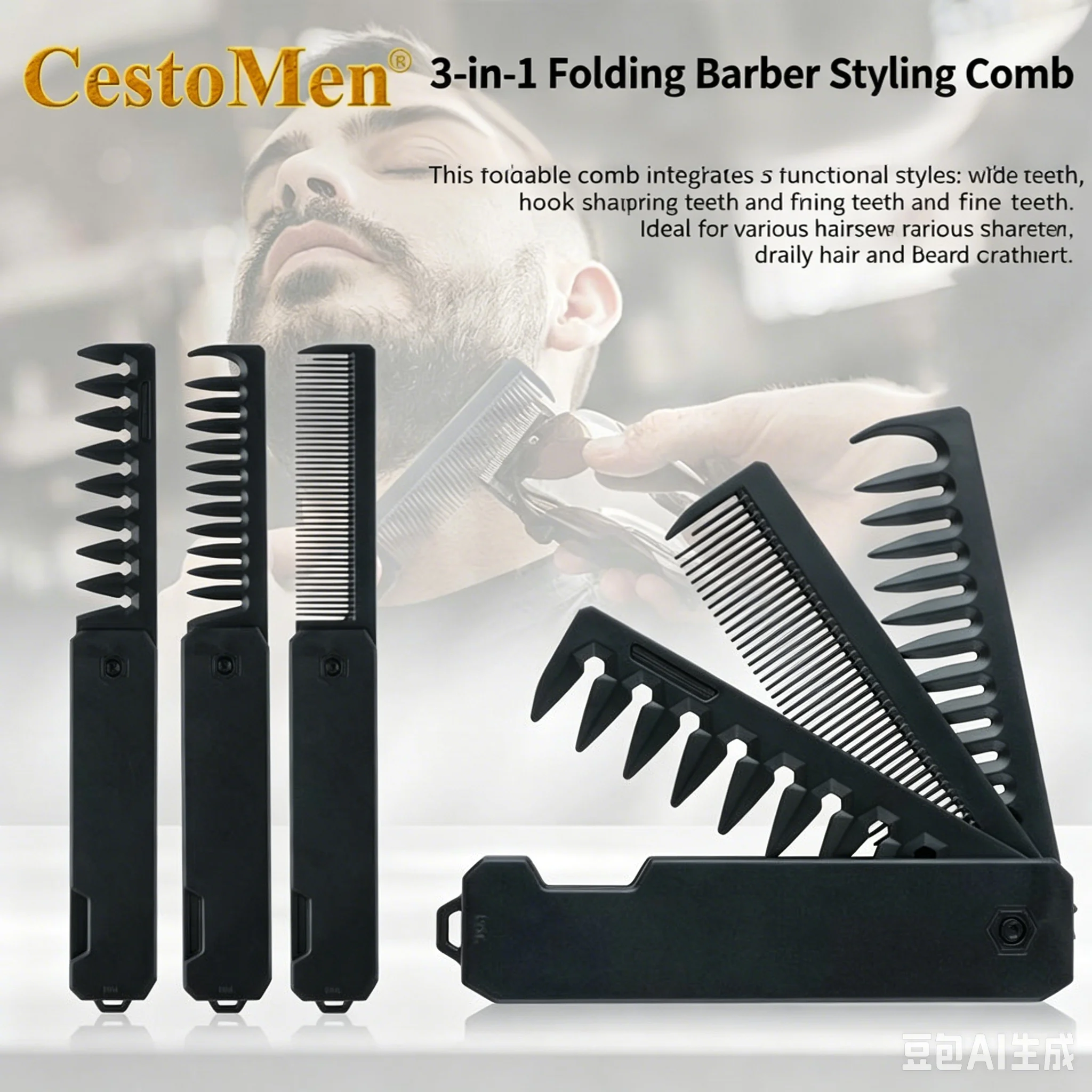Multifunctional 3 in 1 Folding Pocket Comb, Wide & Fine Tooth Oil Head Beard Styling Comb Portable Travel Barber Hair Grooming T