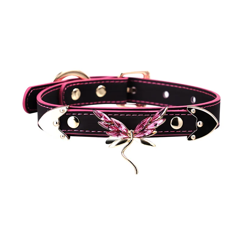 Black & Pink Temperature Color Changing PU Leather Choker, Pink Crystal Dragonfly Pendant & Spike Edge Collar Sex Toy