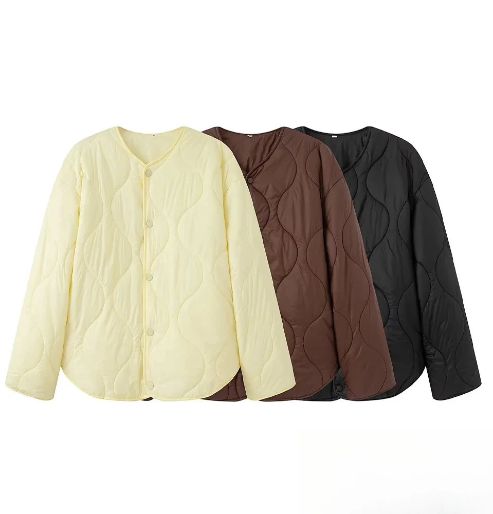 

KONDALA Women Casual Padding Jacket O-Neck Buttons Geometric Pattern Jacket Coat 2025 Fall Fashion High Street Simple Female Coa