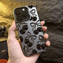 For iPhone 16 15 14 13 12 11 Pro Max XS X XR 7 8 Plus Black Cherry Bow Electroplate Silver IMD Laser Shockproof Phone Case Cover