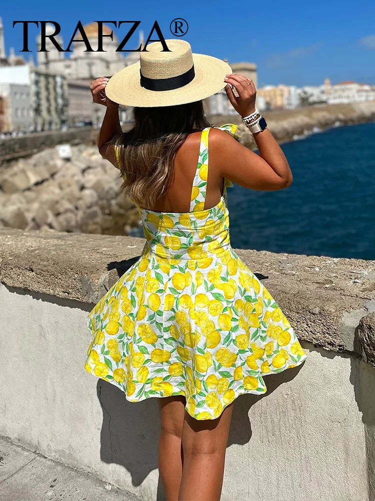 TRAFZA 2024 Women Chic Yellow Lemon Printed Mini Dress Summer Woman With Zipper Bow Sleeveless Strapless A Line Vestido TRAF