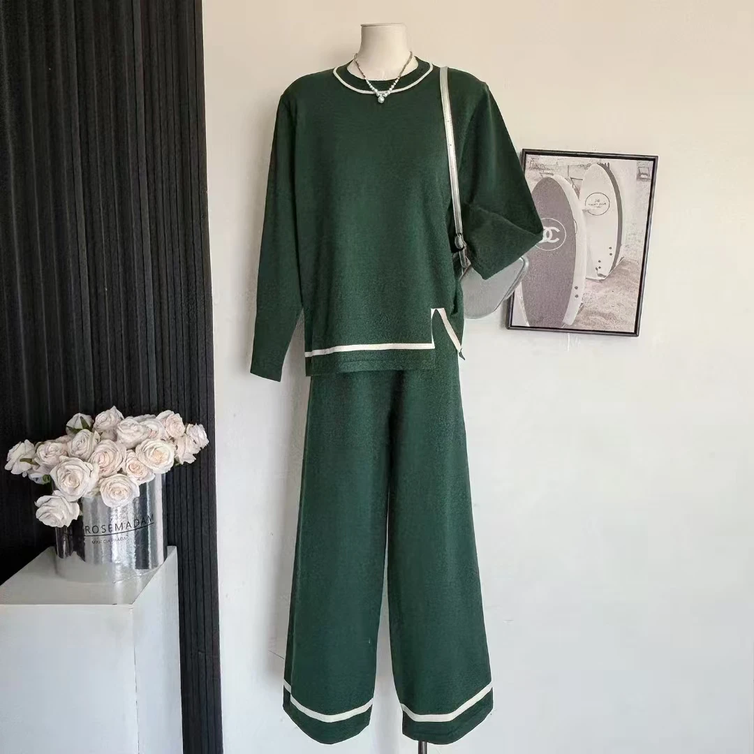 Elegant Two Piece Set Women Outfit 2024 Matching Set New Products Winter Knitwear Long Sleeve Top Pullover Wide Leg Pant Sets