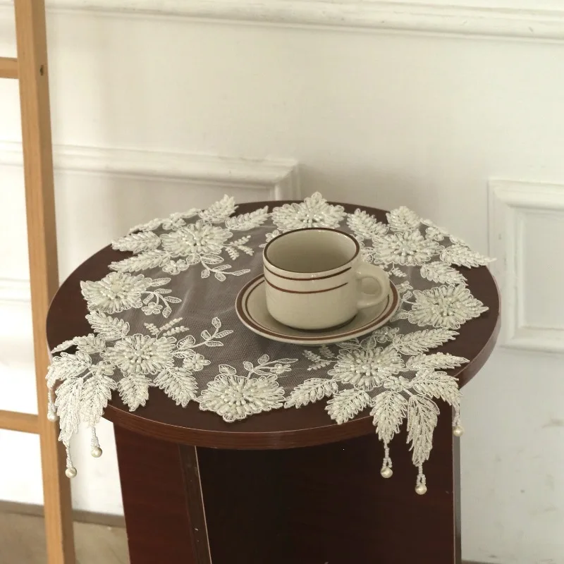 Handmade Pearl Lace Embroidered Cover Cloth Tea Set Light Fixture Dustproof Mesh Gauze Cloth Photography Decoration Cloth