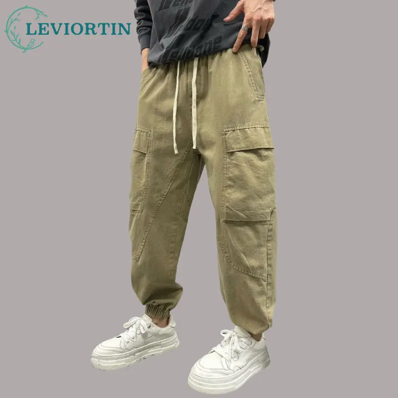 

Street Men's Workwear Pants Trendy Sold Color Simple Large Pockets Autumn Cargo Drawstring Overalls Trousers