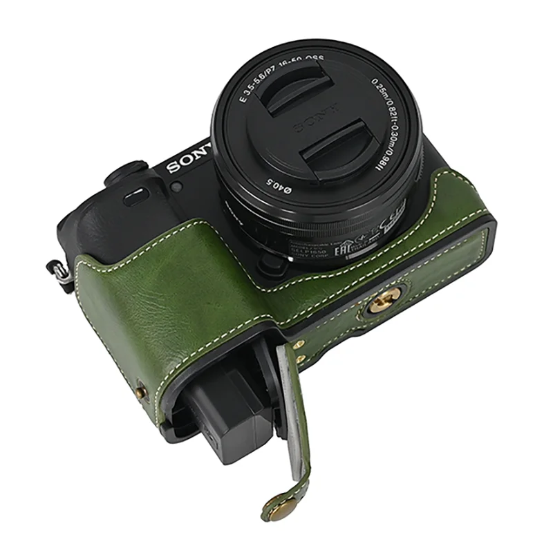 Pu Lederen Case Camera Tas Half Body Base Protector Voor Sony A6400 A6300 A6100 Beschermende Opening Bodembedekking Met Polsband