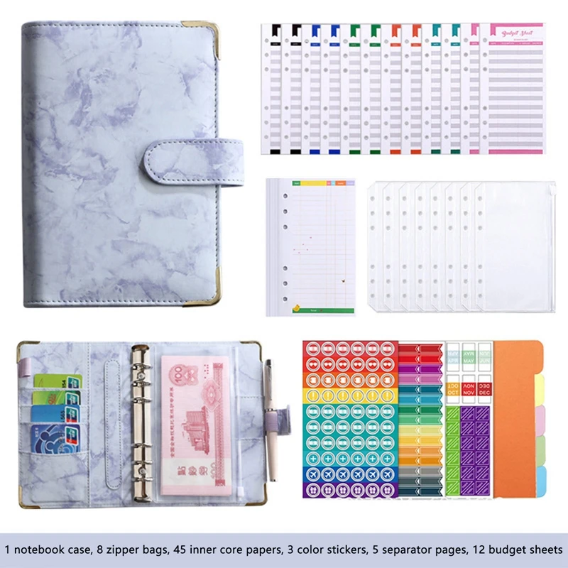 Marbling Binder Budget Planner A6 Notebook Bronzing Covers Folder 6 Hole Binder Pockets Plastic Zipper Money Saving Envelope