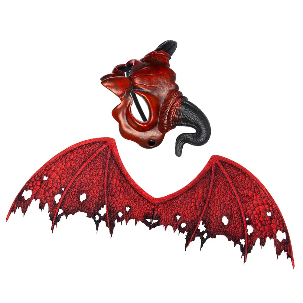 1Set Halloween Devil Costume Set Devil Wings and Demon Mask Non-Woven Lightweight Comfortable Vibrant Fade-Resistant Adult