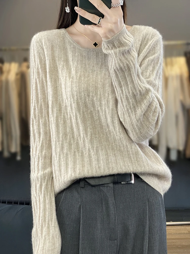 

2024 Autumn Winter Women Sweater 100% Merino Wool Striped Pullover Long Sleeve Soft Knitted Jumper Classic Cashmere Clothing Top