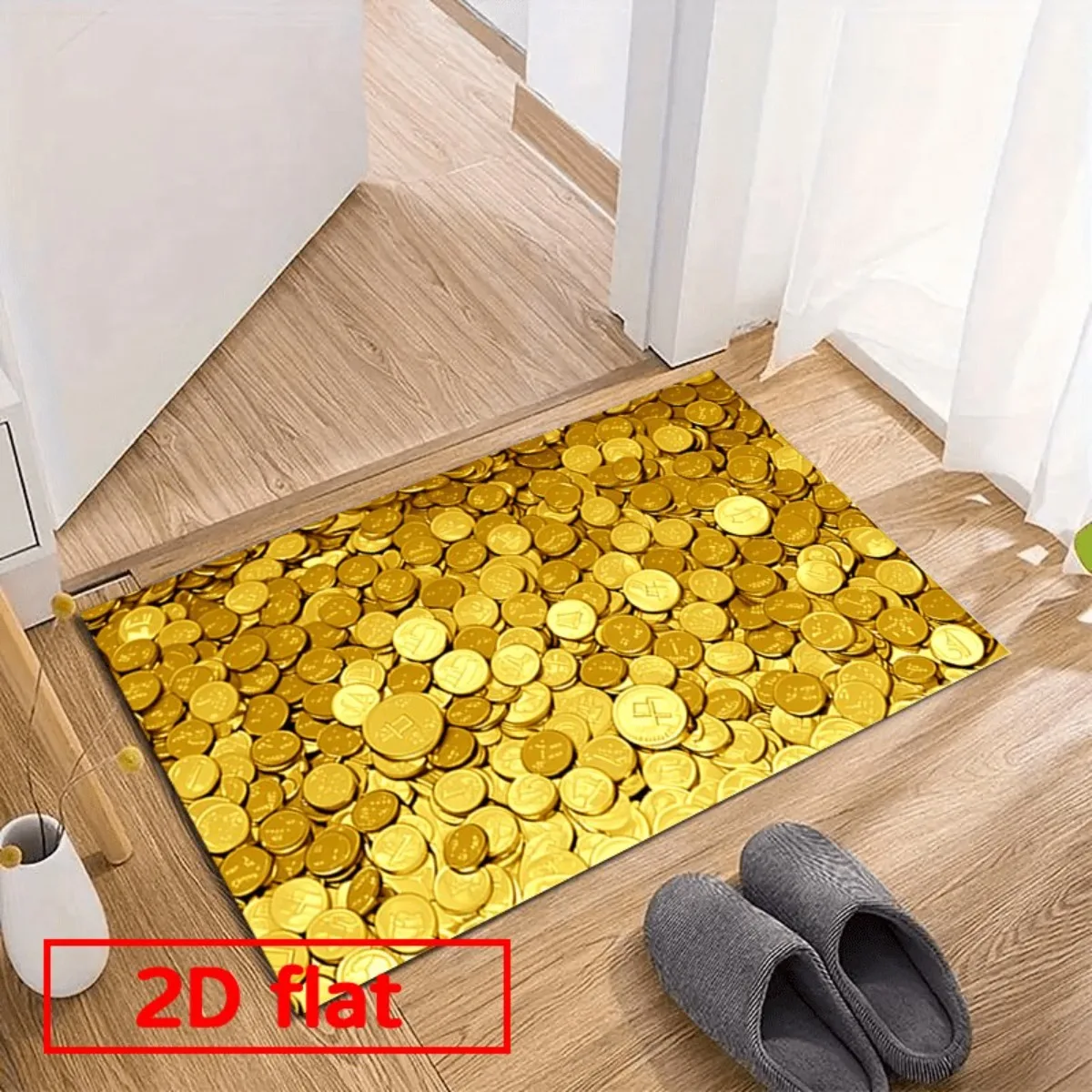 2D Flat Pile Of Gold Coins Bitcoin Crypto Wealth Flannel Door Mat Non Slip Money Theme Rug For Entryway Office Home Decor