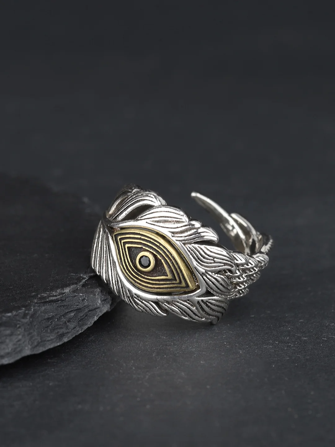 

DAMAI Men's Fashion Ring with Feathers God's Eye Personality Open Ring Retro Style Daily Wear Adjustable Size for Men