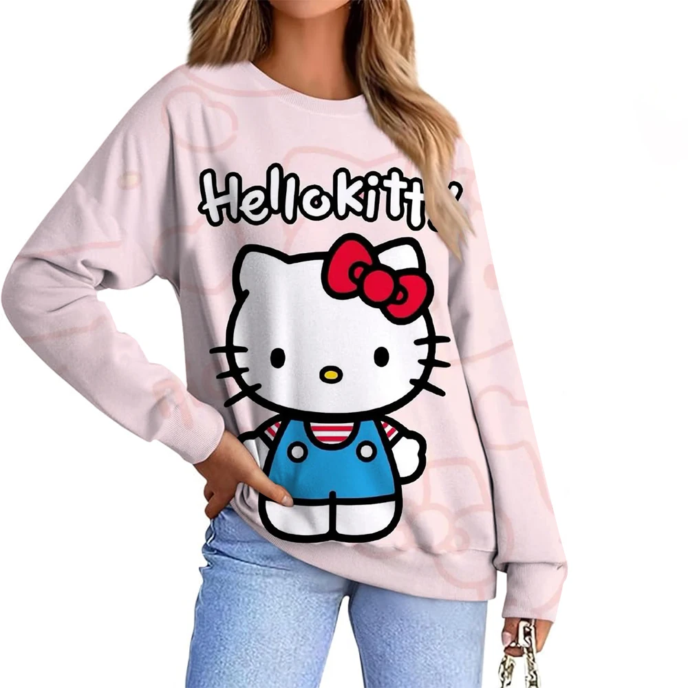 2025 خريف شتاء جديد وصول المرأة موضة هوديي مرحبا كيتي طباعة بلوزات الإناث اليومية عادية رياضي فضفاض البلوز